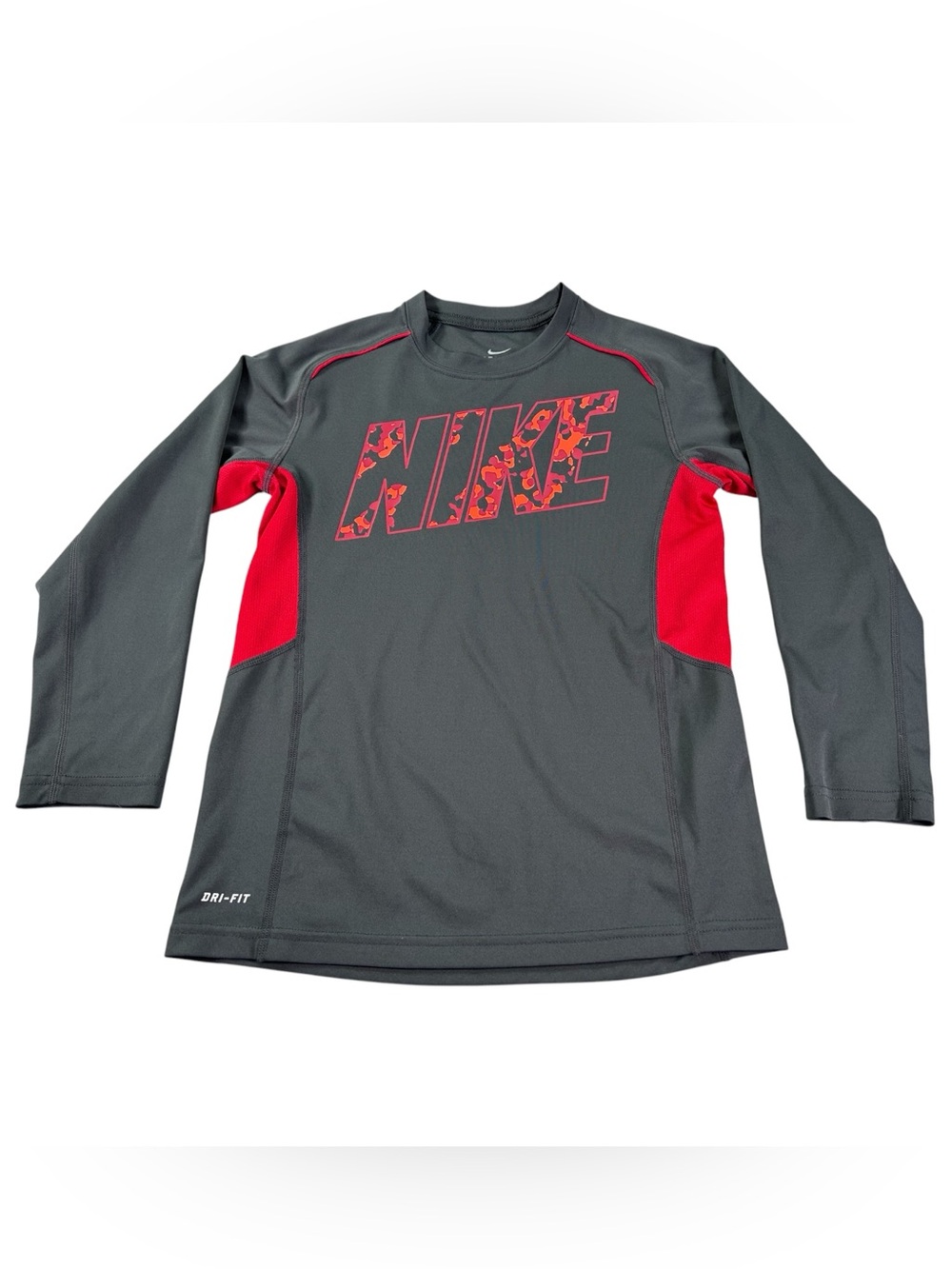 Nike Boys Dri-FIT Shirt Youth S Gray Red Camo Long Sleeve Performance 707556-060